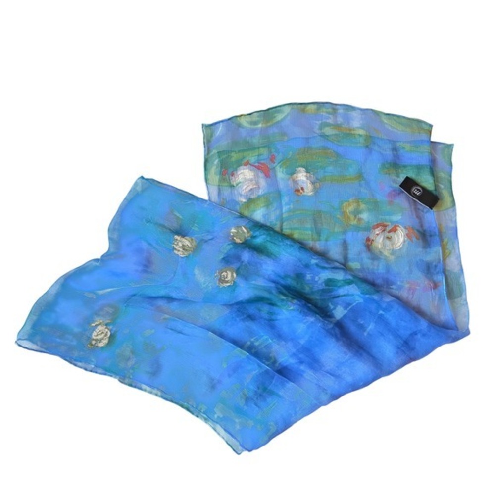 Vintage 100% Silk Water Lilies Scarf Monet Style Metropolitan Museum Art 62x12 - Picture 5 of 10
